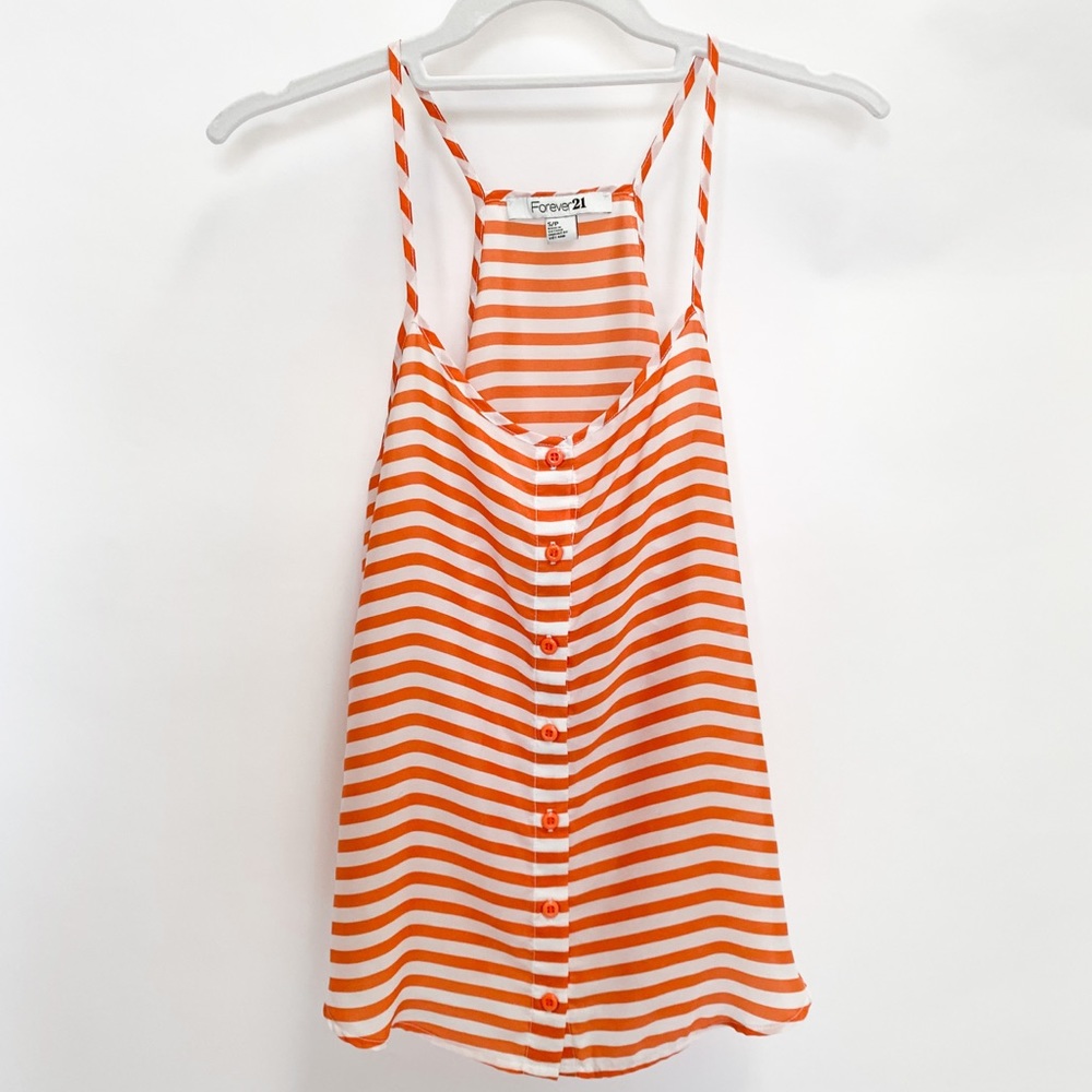 Forever 21 Orange White Striped Button Up Tank Top